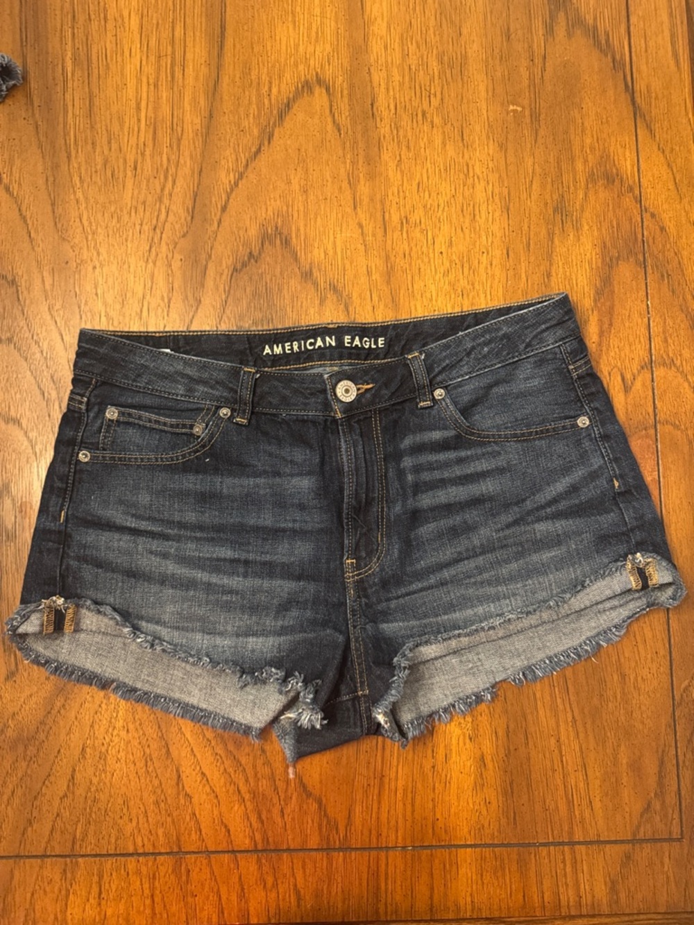 American Eagle Tomgirl Shortie Dark Indigo Frayed Hem Denim Shorts